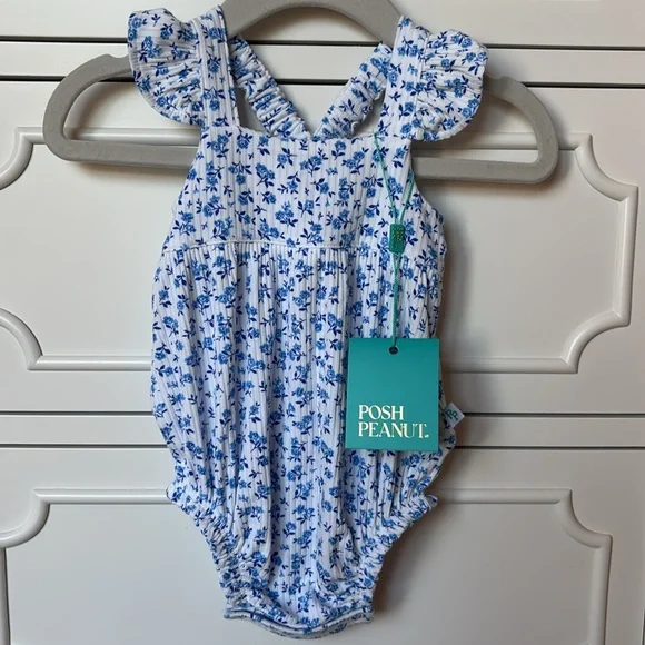 ❌SOLD❌ NWT Posh Peanut Baby Girl Blue & White Floral Ruffle Bubble Romper 0-3M - Picture 11 of 11
